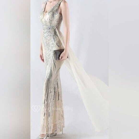 Silver, Double V, Beaded Back, Detachable Draped Skirt, Sequined Mermaid Gown - Picture 11 of 16
